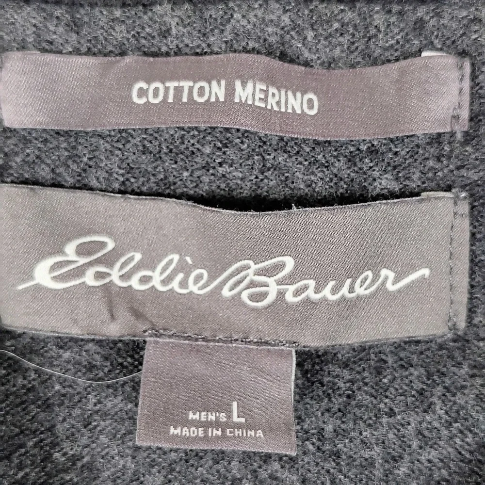 Eddie Bauer Mens Large Gray Cotton Merino‎ Wool Blend V-Neck Sweater Heathered